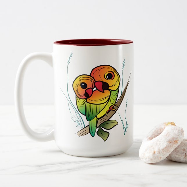 Tasse 2 Couleurs Perroquets inséparables (Avec donut)