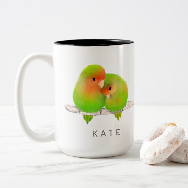 Tasse 2 Couleurs Perroquets verts personnalisés Lovebirds Oiseau Bo (Avec donut)