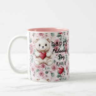 Tasse 2 Couleurs Personalisé Valentine's Day Teddy Bear & Roses