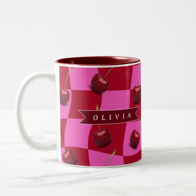 Tasse 2 Couleurs Personalized Cherry Gingham Retro Custom Name (Gauche)