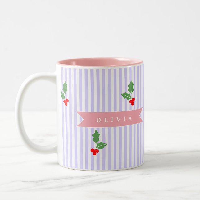 Tasse 2 Couleurs Personalized Cute Striped Holiday Christmas Holly  (Gauche)