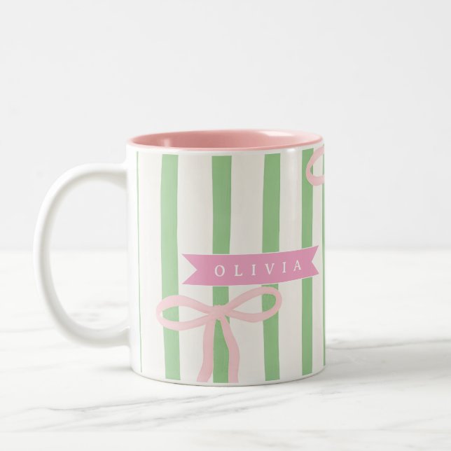 Tasse 2 Couleurs Personalized Girly Coquette Green Stripe Bow (Gauche)