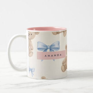 Tasse 2 Couleurs Personalized Teddy Bear & Blue Bow Pattern