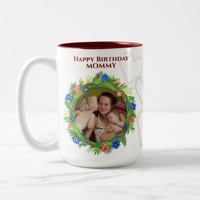 Tasse 2 Couleurs Personnalisable Joyeux Anniversaire maman Fleur Wr (Gauche)