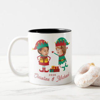 Tasse 2 Couleurs Personnalisé Funny Face Photo Noël Famille d'elfes