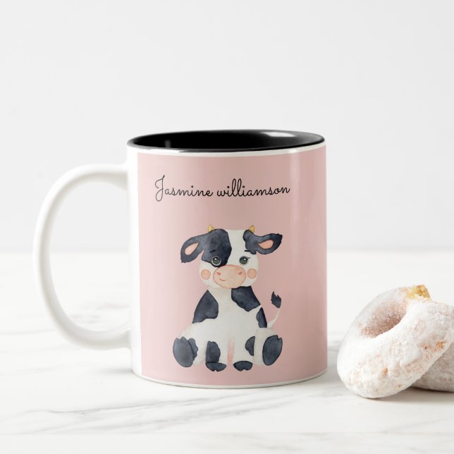 Tasse 2 Couleurs Personnalisé mignon fille rose vache (Avec donut)