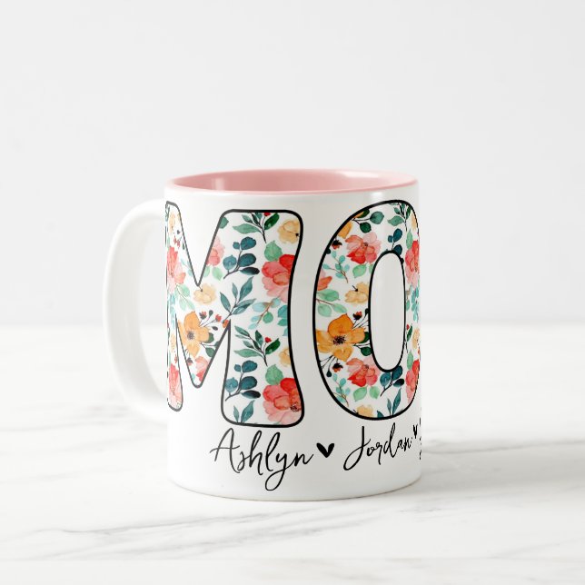 Tasse 2 Couleurs Personnalisé Moderne Maman Floral Enfants Script (Devant gauche)