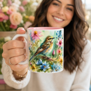 Tasse 2 Couleurs Petit Oiseau Chanteur Aquarelle Oiseau & Floral