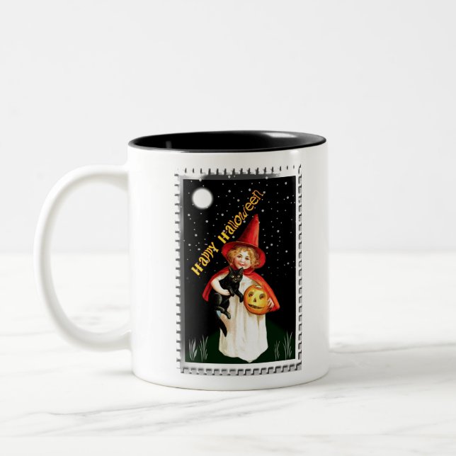 Tasse 2 Couleurs Petite Fille Nostalgique, Citrouille et Chat (Gauche)