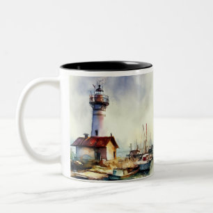 Tasse 2 Couleurs Phare du Maine et bateaux Watercolor Art