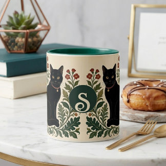 Tasse 2 Couleurs Photo de chat noir Monogramme Botanique William Mo