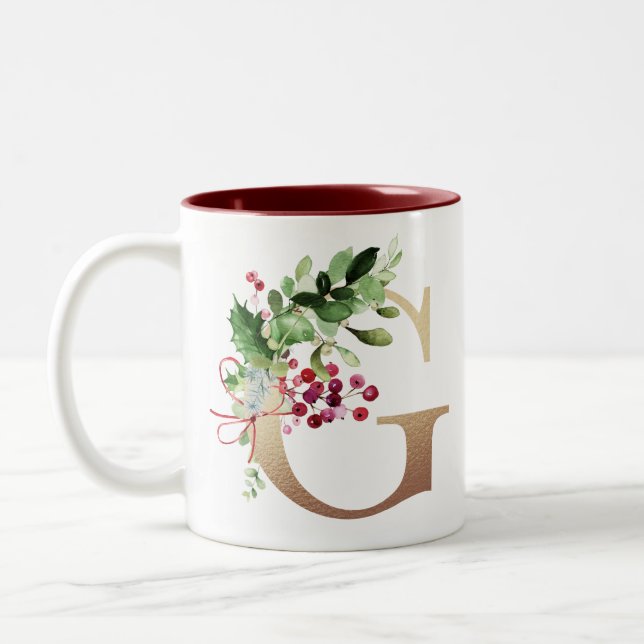 Tasse 2 Couleurs Pin d'or G Monogram Pine & Berry Noël Deux- (Gauche)