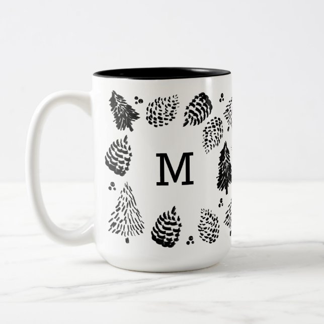 Tasse 2 Couleurs Pinecones noirs et blancs & Monogramme d'arbre à p (Gauche)