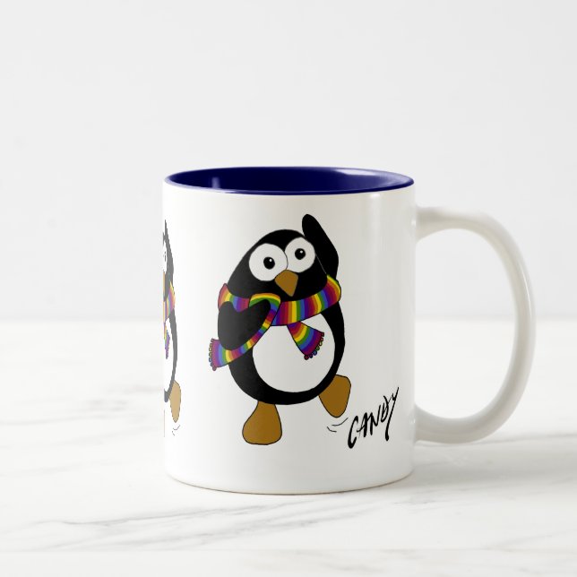 Tasse 2 Couleurs Pingouin de bande dessinée utilisant une écharpe (Droit)
