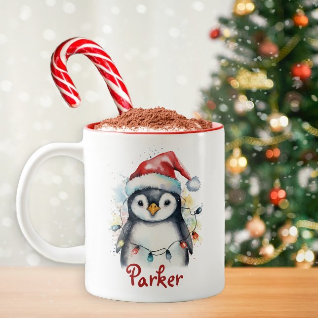 Tasse 2 Couleurs Pingouin de Noël Boug pour enfants personnalisés (Cute Christmas Penguin Mug )
