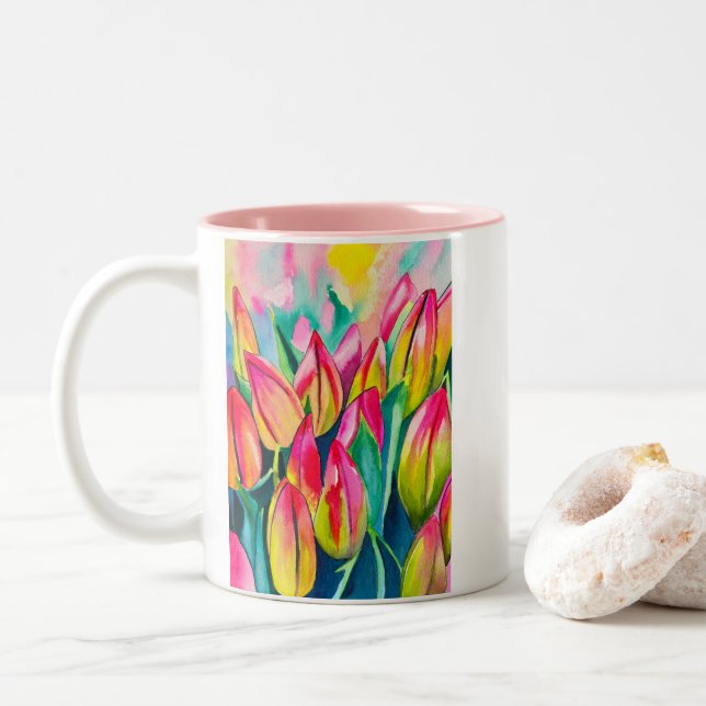 Tasse 2 Couleurs Pink aquarelle tulipe art (Avec donut)