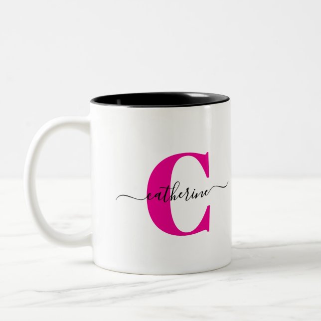 Tasse 2 Couleurs Pink Black Minimalist Elegant Script Monogram Name (Gauche)