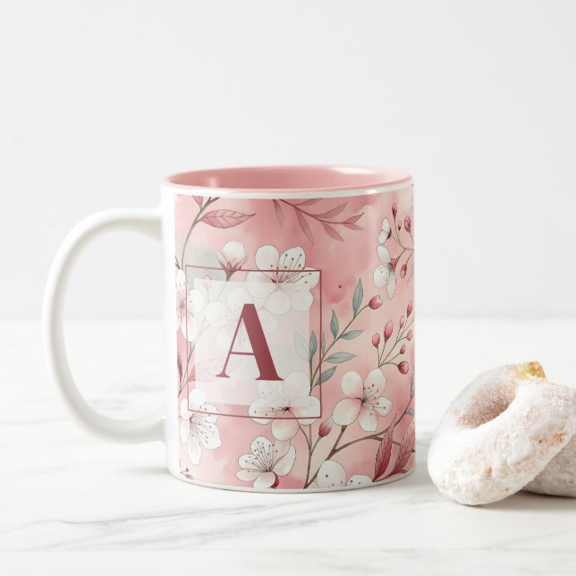 Tasse 2 Couleurs Pink cherry blossom monogram (Avec donut)
