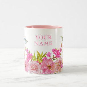 Tasse 2 Couleurs Pink Floral aquarelle tropicale oiseau nom personn