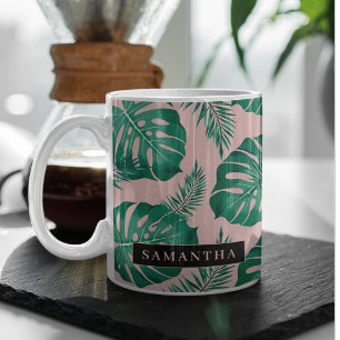 Tasse 2 Couleurs Pink & Green Palm Feuille Motif & nom