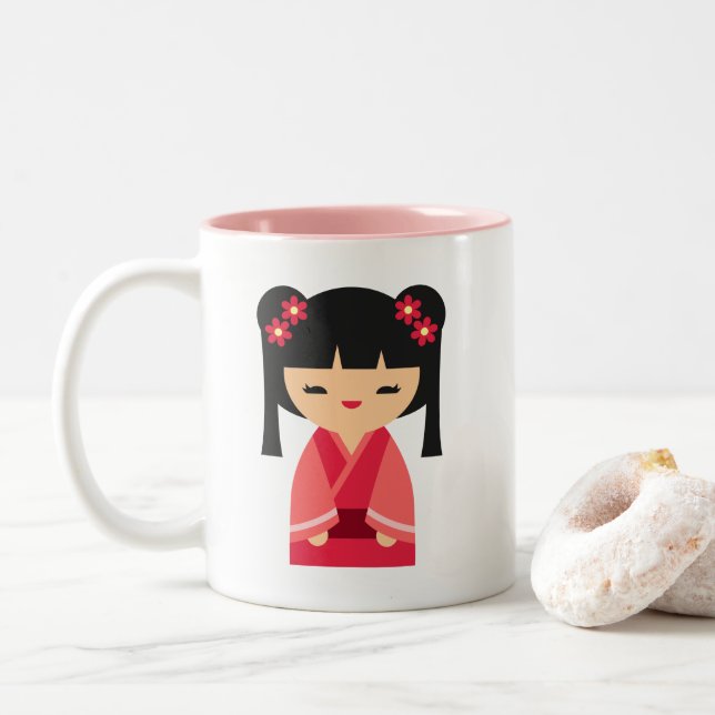Tasse 2 Couleurs Pink Kokeshi poupées japonaises (Avec donut)