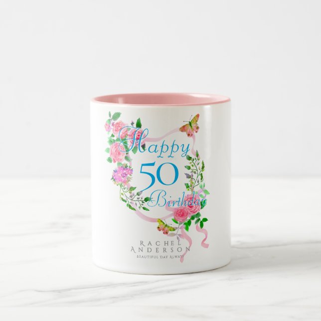 Tasse 2 Couleurs Pink Rose Ribbon Anniversaire (Centre)