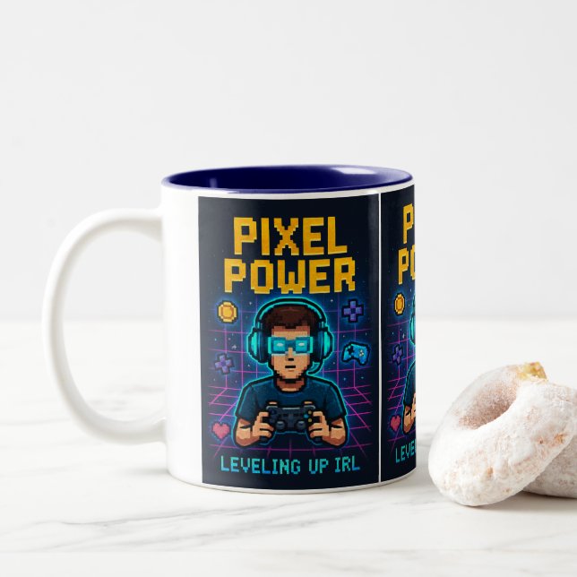 Tasse 2 Couleurs Pixel Power – Progression IRL Affiche (Avec donut)
