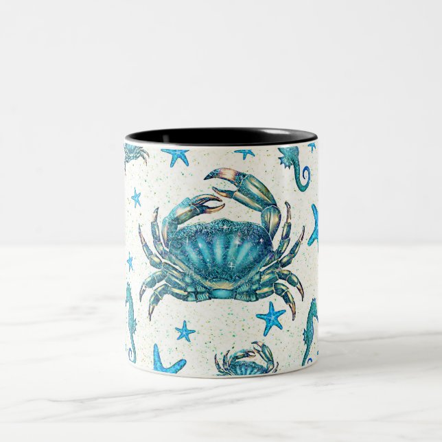 Tasse 2 Couleurs Plage moderne Crabe Bleu Starfish Horloge (Centre)
