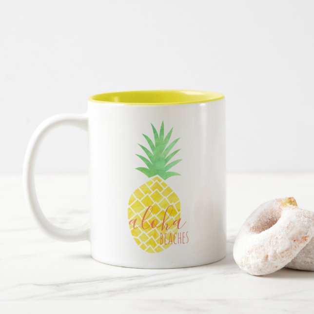 Tasse 2 Couleurs Plages jaunes et vertes d'ananas d'aquarelle Aloha (Avec donut)