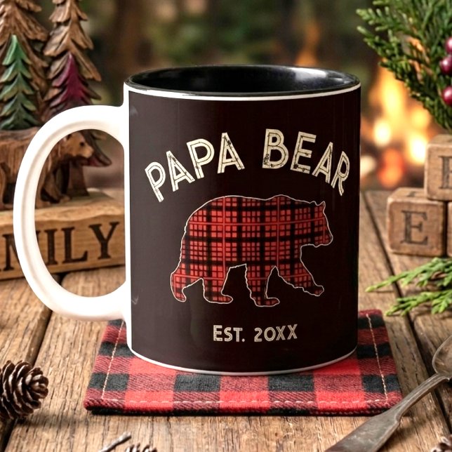 Tasse 2 Couleurs Plaid Papa Bear Father Year Established Black (Créateur téléchargé)
