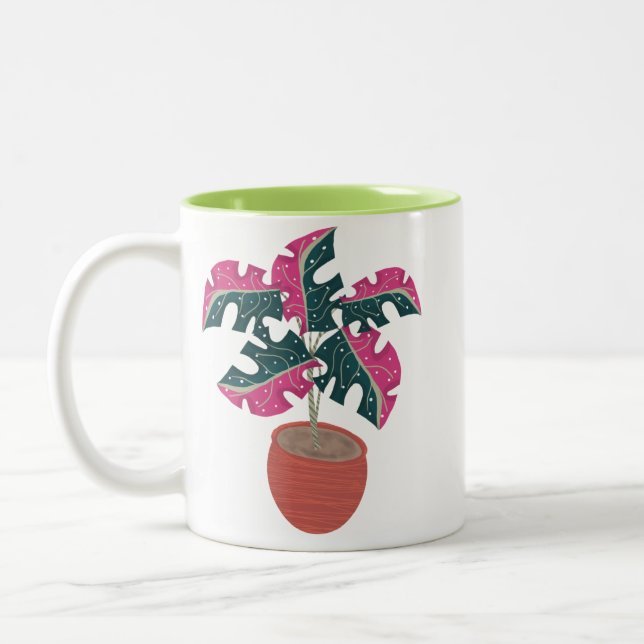 Tasse 2 Couleurs Plante Monstera Rose Vert  (Gauche)