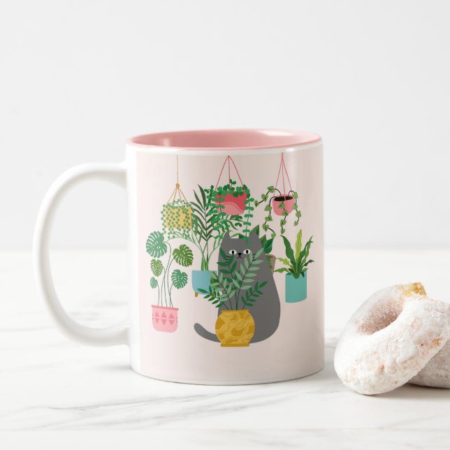 Tasse 2 Couleurs Plantes Chat (Avec donut)
