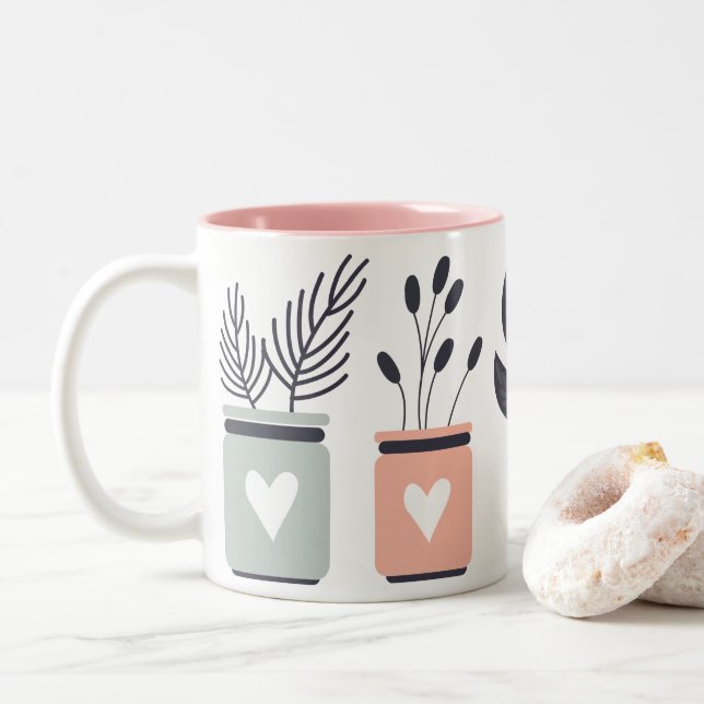Tasse 2 Couleurs Plantes de pot moderne rose et gris pastel (Avec donut)