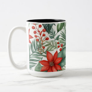 Tasse 2 Couleurs Poinsettia de Noël à l'aquarelle et baies rouges B