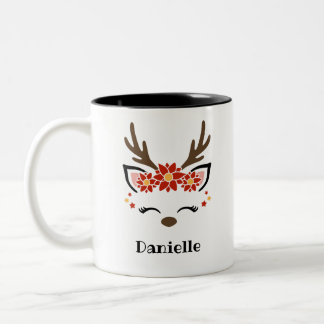 Tasse 2 Couleurs Poinsettia Reindeer Face Nom personnalisé Fête