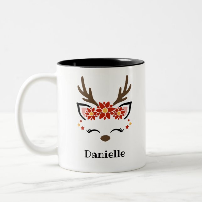 Tasse 2 Couleurs Poinsettia Reindeer Face Nom personnalisé Fête (Gauche)