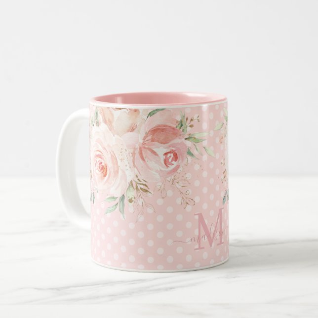 Tasse 2 Couleurs Pois roses doux Rose Blush Monogramme floral (Devant gauche)
