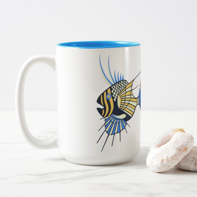 Tasse 2 Couleurs Poisson aquatique bleu tropical jaune (Avec donut)