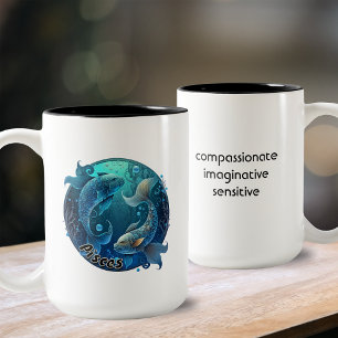 Tasse 2 Couleurs Poissons Turquoise et noir Aquarelle Zodiac