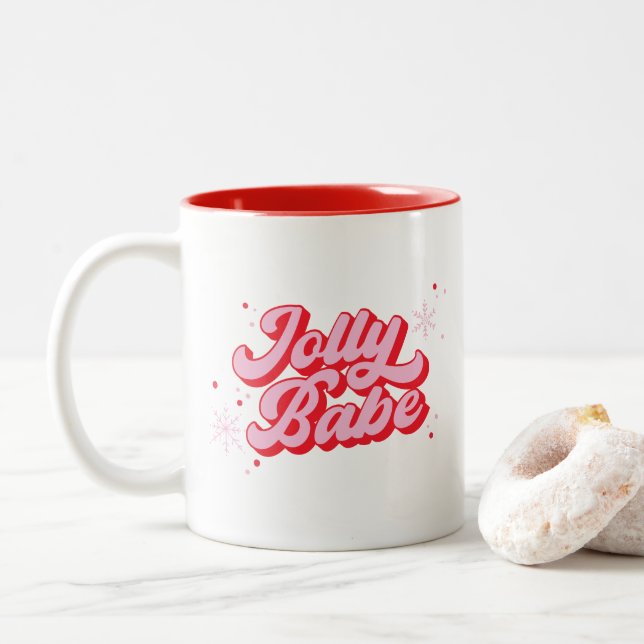 Tasse 2 Couleurs Police de Noël rose tendance Jolly Babe (Avec donut)