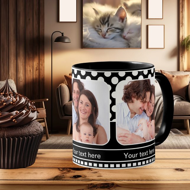 Tasse 2 Couleurs Polka noir et blanc point Retro cadre photo Musiqu (Modern mug featuring your own favorite photos framed by a black and white polka dot design)