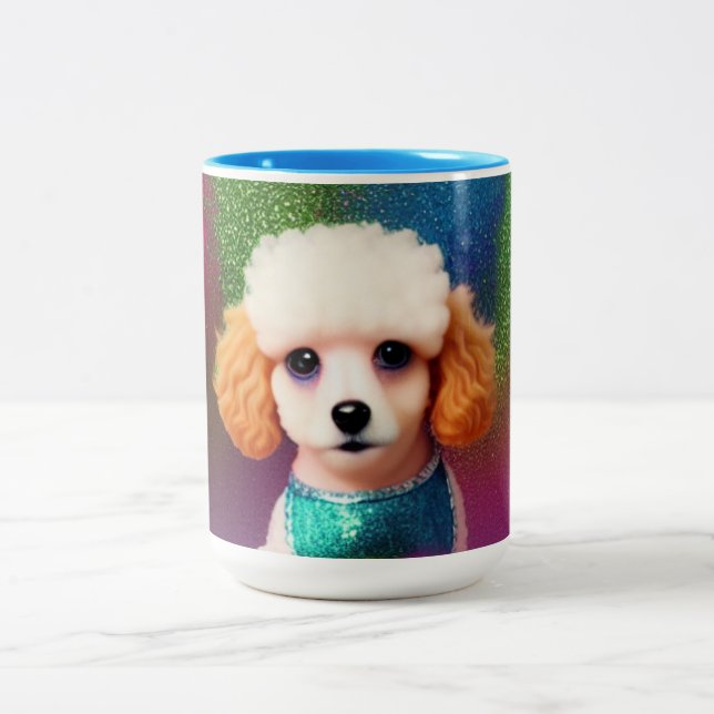 Tasse 2 Couleurs Poodle blanc avec oreilles de crème sur arc-en-cie (Centre)
