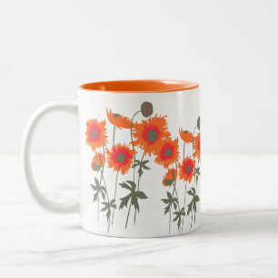 Tasse 2 Couleurs Poppies orange et vert art graphique boue florale
