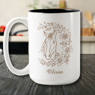 Tasse 2 Couleurs Portrait de cheval en ligne art couronne florale
