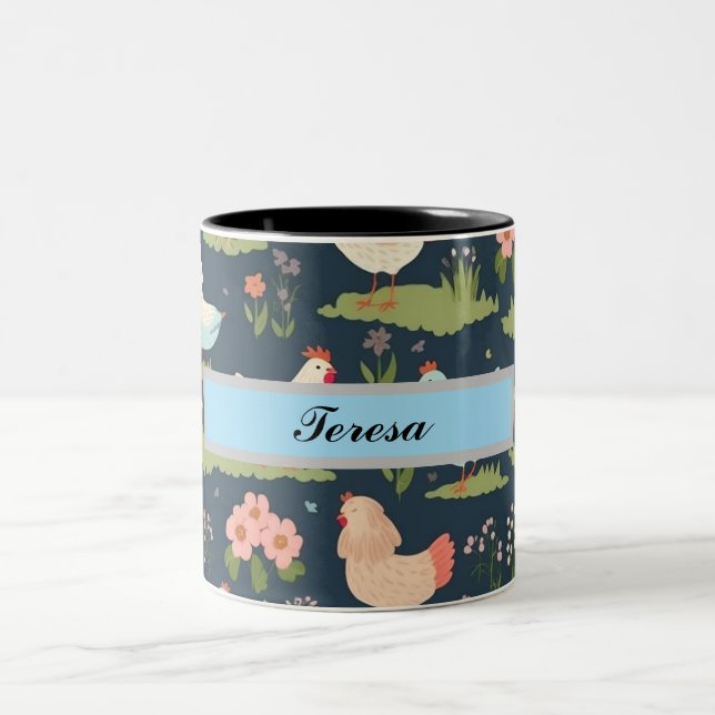 Tasse 2 Couleurs Poulets et fleurs personnalisés (Centre)