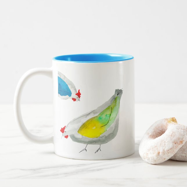 Tasse 2 Couleurs Poulets mignons aquarelle (Avec donut)