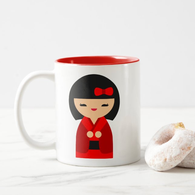 Tasse 2 Couleurs Poupées japonaises Red Kokeshi (Avec donut)