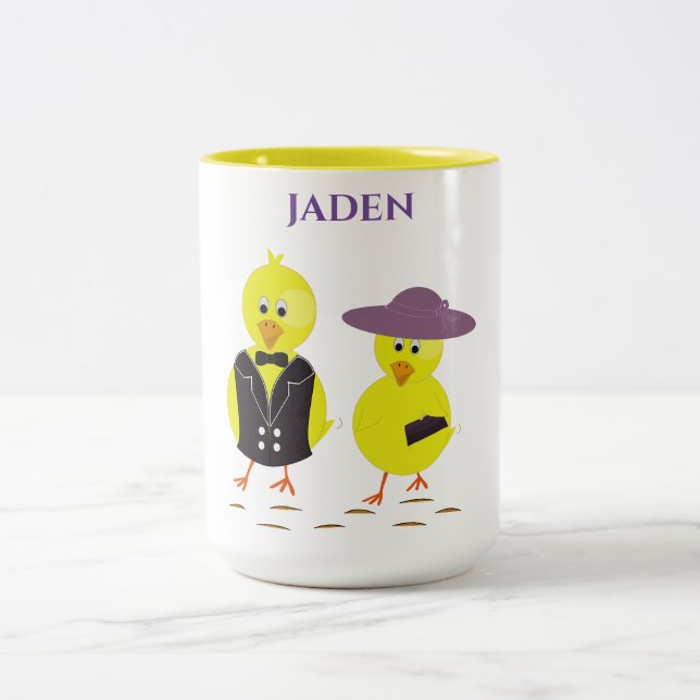 Tasse 2 Couleurs Poussins de Pâques avec nom personnalisé. (Centre)