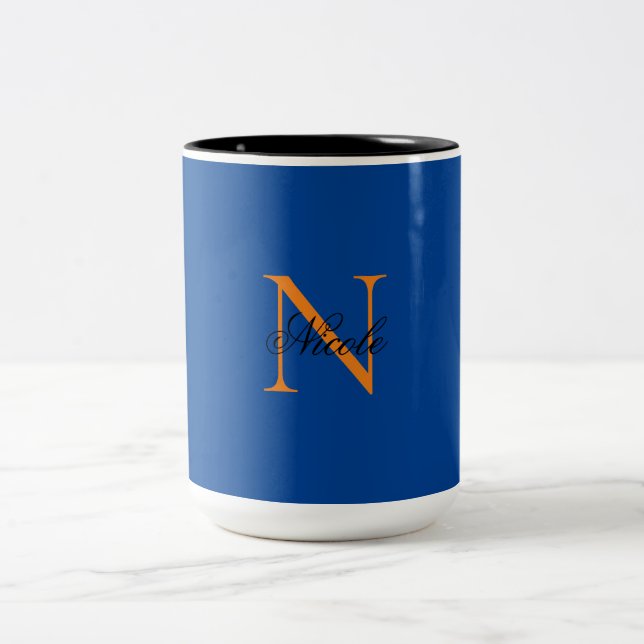 Tasse 2 Couleurs Premier monogramme manuscrit propre nom Deep Blue (Centre)