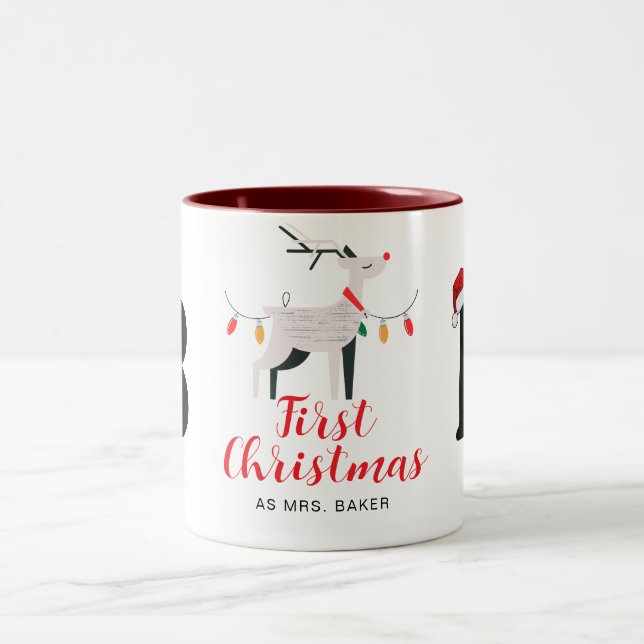 Tasse 2 Couleurs Premier Noël Comme Mme Famille Nom Monogrammé (Centre)